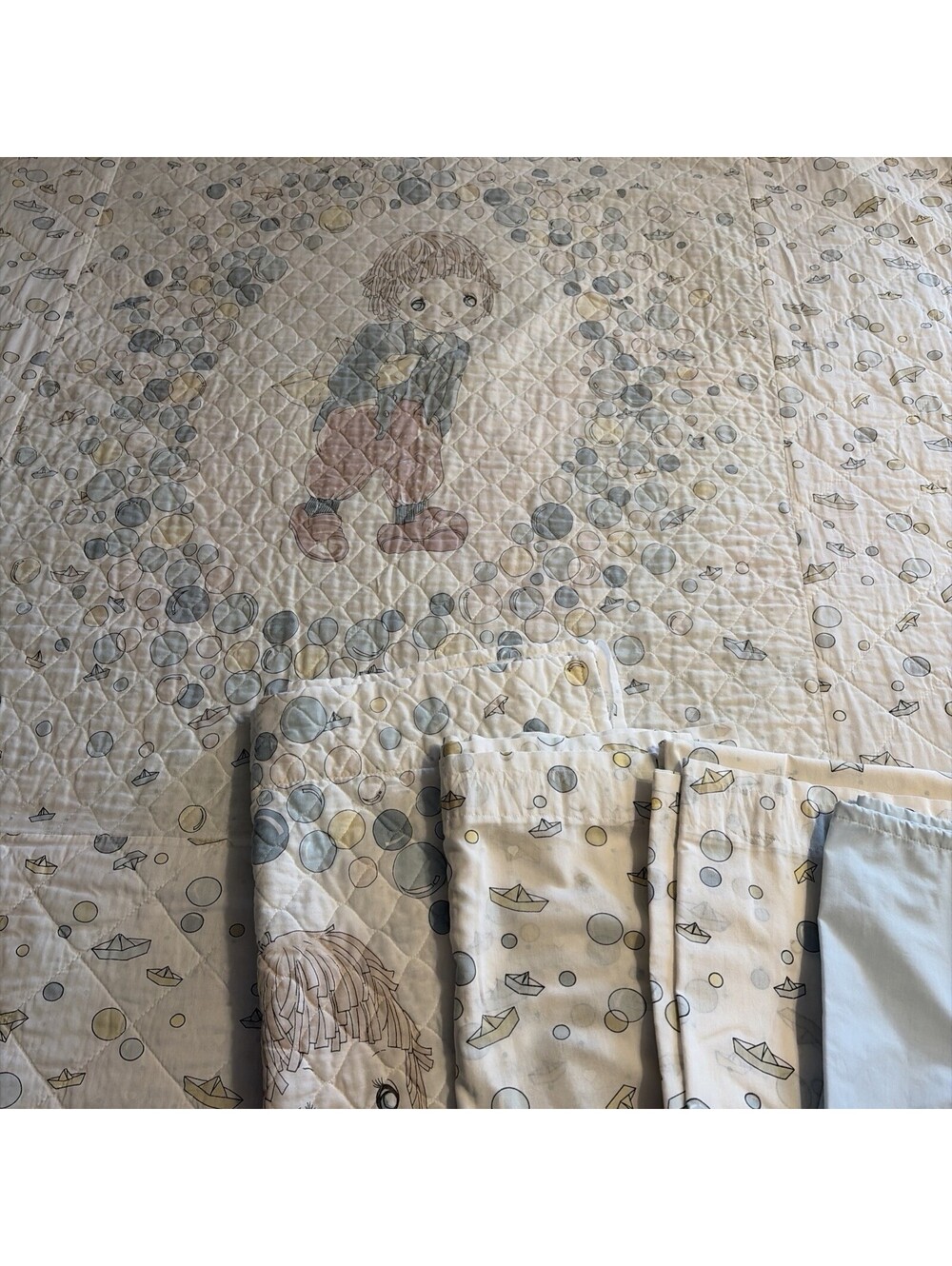 Vintage 1989 Precious Moments Handmade Twin Comforter Curtains Quilt Bedding Set